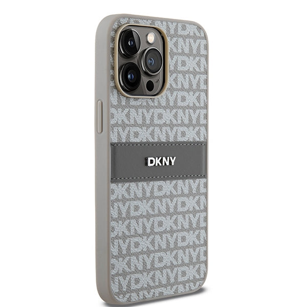 DKNY Leather Mono Stripe &amp; Metal Logo case for iPhone 14 Pro Max - beige
