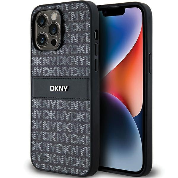 DKNY Leather Mono Stripe &amp; Metal Logo case for iPhone 14 Pro Max - black