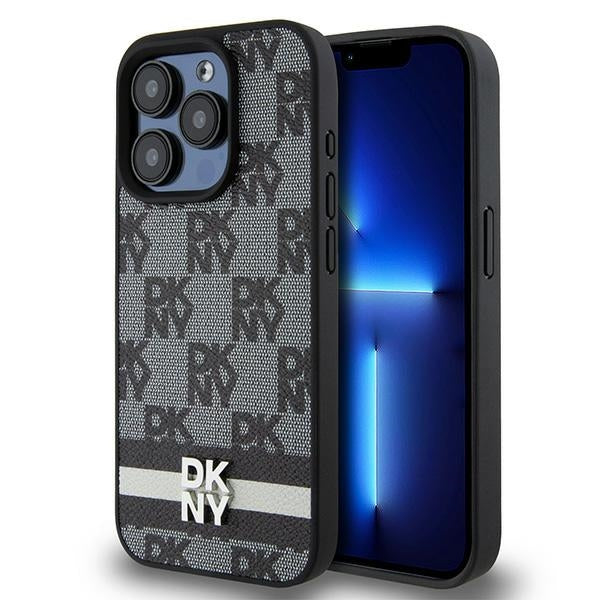 DKNY Leather Checkered Mono Pattern &amp; Printed Stripes iPhone 15 Pro Case - Black