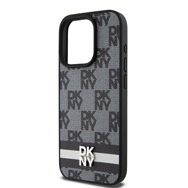 DKNY Leather Checkered Mono Pattern &amp; Printed Stripes iPhone 15 Pro Case - Black