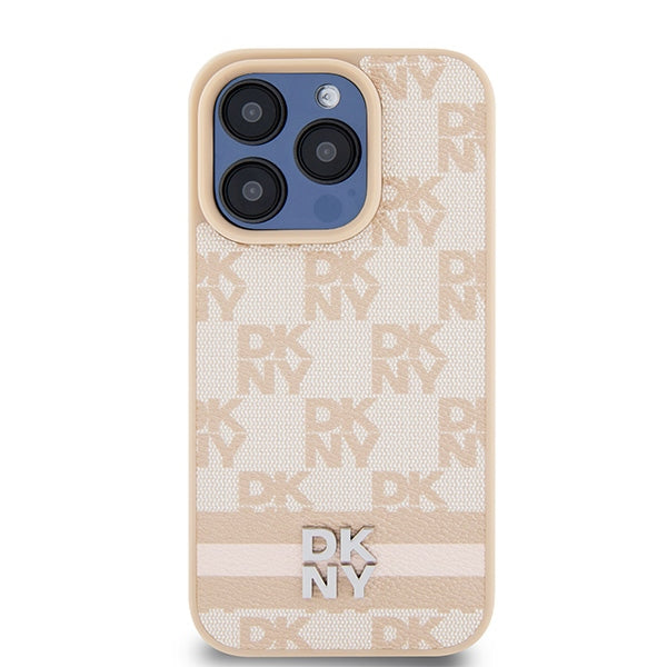 DKNY Leather Checkered Mono Pattern &amp; Printed Stripes case for iPhone 15 Pro - pink