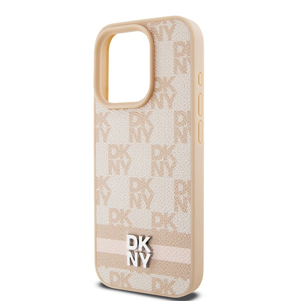 DKNY Leather Checkered Mono Pattern &amp; Printed Stripes case for iPhone 15 Pro - pink