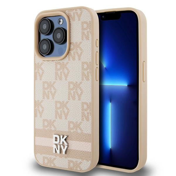 DKNY Leather Checkered Mono Pattern &amp; Printed Stripes case for iPhone 15 Pro - pink