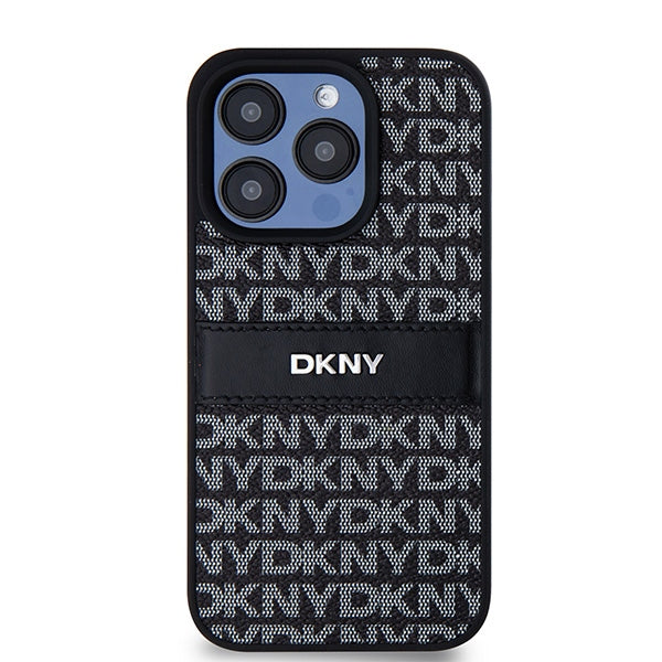 DKNY Leather Mono Stripe &amp; Metal Logo case for iPhone 15 Pro - black