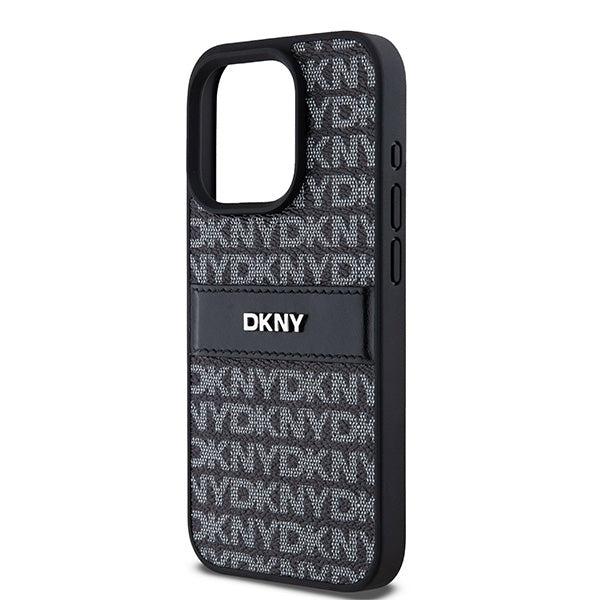 DKNY Leather Mono Stripe &amp; Metal Logo case for iPhone 15 Pro - black