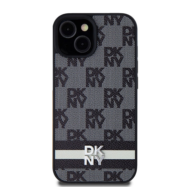 DKNY Leather Checkered Mono Pattern &amp; Printed Stripes Case for iPhone 15 Plus / 14 Plus - Black