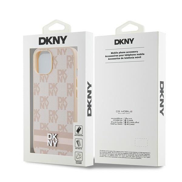 DKNY Leather Checkered Mono Pattern &amp; Printed Stripes Case for iPhone 15 Plus / 14 Plus - Pink