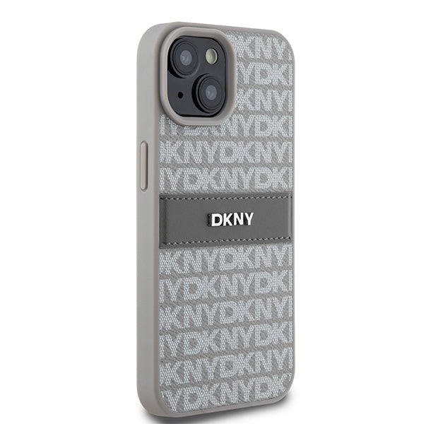 DKNY Leather Mono Stripe &amp; Metal Logo case for iPhone 15 Plus / 14 Plus - beige