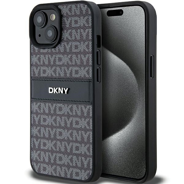 DKNY Leather Mono Stripe &amp; Metal Logo Case for iPhone 15 Plus / 14 Plus - Black