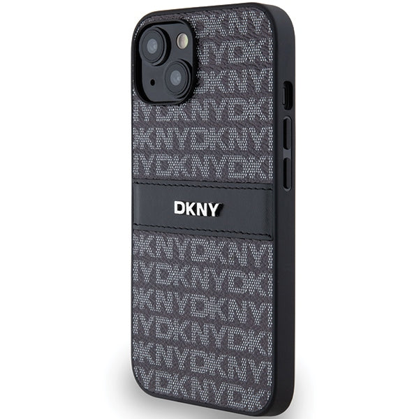 DKNY Leather Mono Stripe &amp; Metal Logo Case for iPhone 15 Plus / 14 Plus - Black