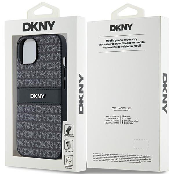 DKNY Leather Mono Stripe &amp; Metal Logo Case for iPhone 15 Plus / 14 Plus - Black