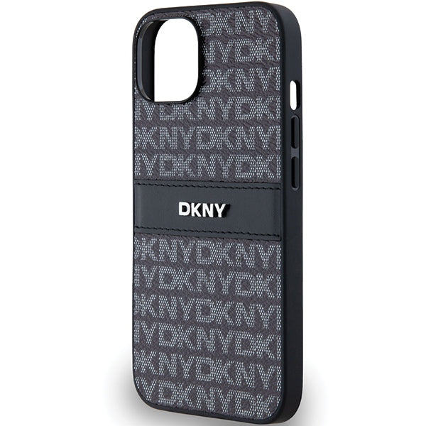 DKNY Leather Mono Stripe &amp; Metal Logo Case for iPhone 15 Plus / 14 Plus - Black