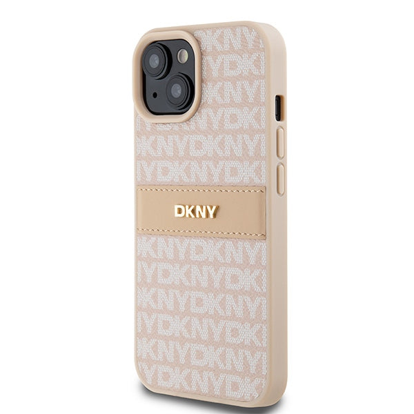 DKNY Leather Mono Stripe &amp; Metal Logo Case for iPhone 15 Plus / 14 Plus - Pink