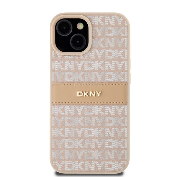 DKNY Leather Mono Stripe &amp; Metal Logo Case for iPhone 15 Plus / 14 Plus - Pink