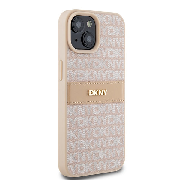 DKNY Leather Mono Stripe &amp; Metal Logo Case for iPhone 15 Plus / 14 Plus - Pink
