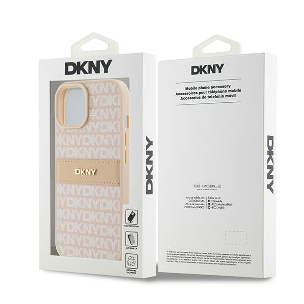 DKNY Leather Mono Stripe &amp; Metal Logo Case for iPhone 15 Plus / 14 Plus - Pink