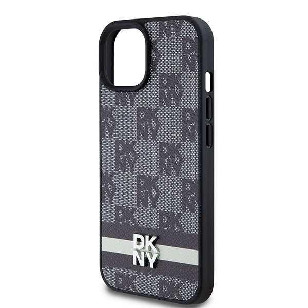 DKNY Leather Checkered Mono Pattern &amp; Printed Stripes Case for iPhone 15/14/13 - Black
