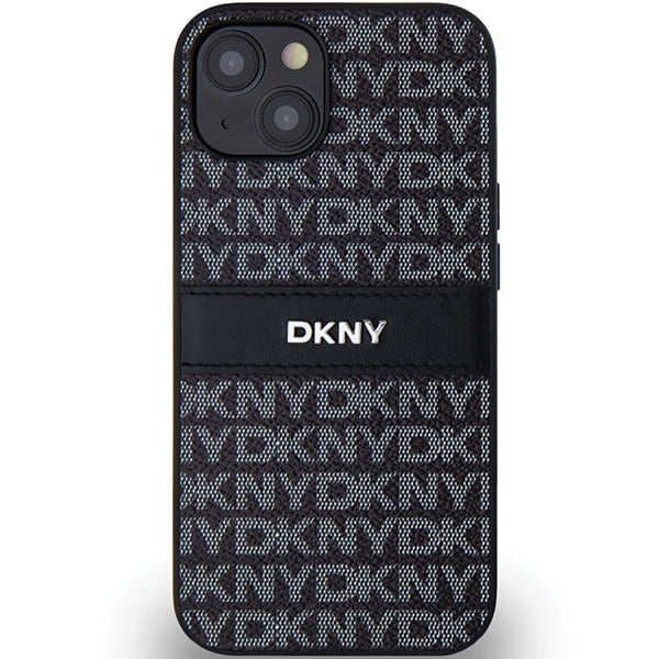 DKNY Leather Mono Stripe &amp; Metal Logo Case for iPhone 15/14/13 - Black