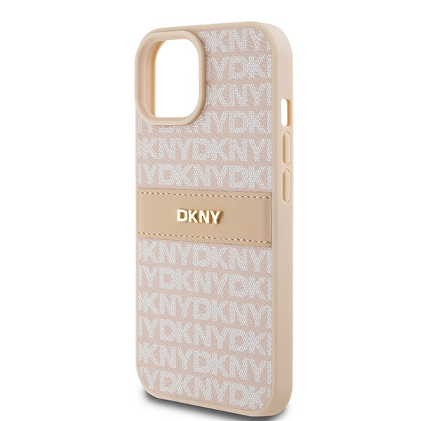 DKNY Leather Mono Stripe &amp; Metal Logo case for iPhone 15 / 14 / 13 - pink