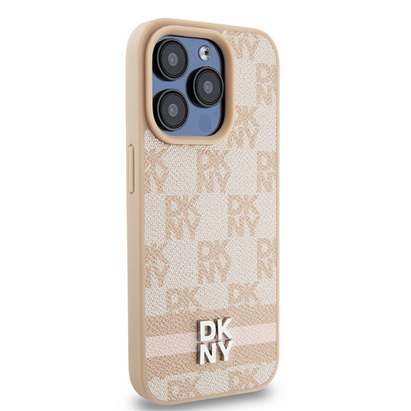 DKNY Leather Checkered Mono Pattern &amp; Printed Stripes case for iPhone 15 Pro Max - pink