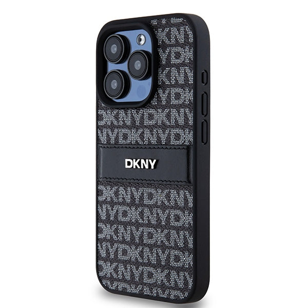 DKNY Leather Mono Stripe &amp; Metal Logo case for iPhone 15 Pro Max - black
