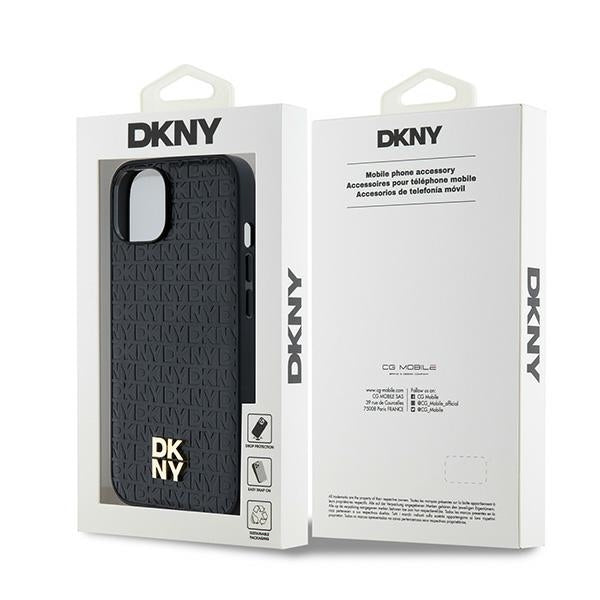 DKNY Leather Monogram Pattern Metal Logo MagSafe Case for iPhone 15/14/13 - Black
