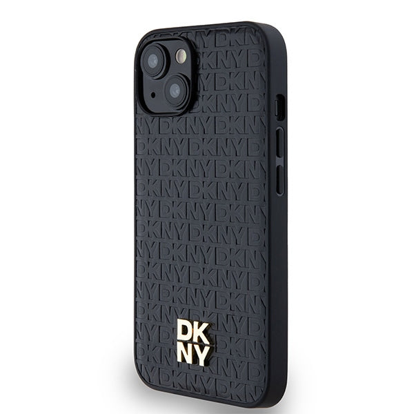 DKNY Leather Monogram Pattern Metal Logo MagSafe Case for iPhone 15/14/13 - Black