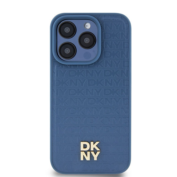 DKNY Leather Monogram Pattern Metal Logo MagSafe Case for iPhone 15 Pro - Blue