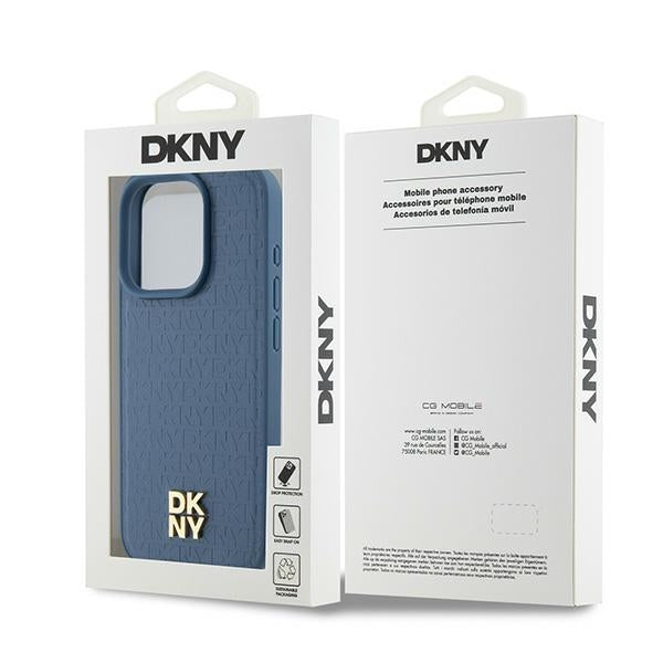 DKNY Leather Monogram Pattern Metal Logo MagSafe Case for iPhone 15 Pro - Blue
