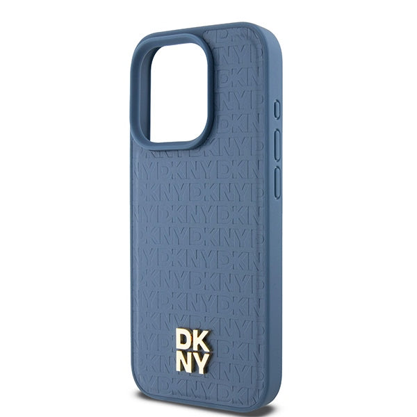 DKNY Leather Monogram Pattern Metal Logo MagSafe Case for iPhone 15 Pro - Blue