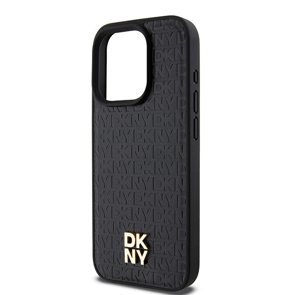 DKNY Leather Monogram Pattern Metal Logo MagSafe Case for iPhone 15 Pro - Black