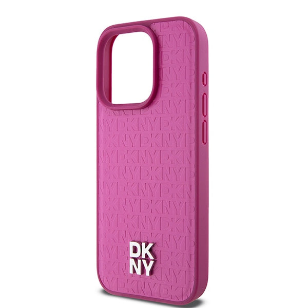 DKNY Leather Monogram Pattern Metal Logo MagSafe Case for iPhone 15 Pro - Pink