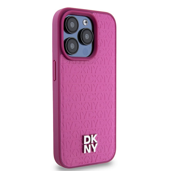 DKNY Leather Monogram Pattern Metal Logo MagSafe Case for iPhone 15 Pro - Pink