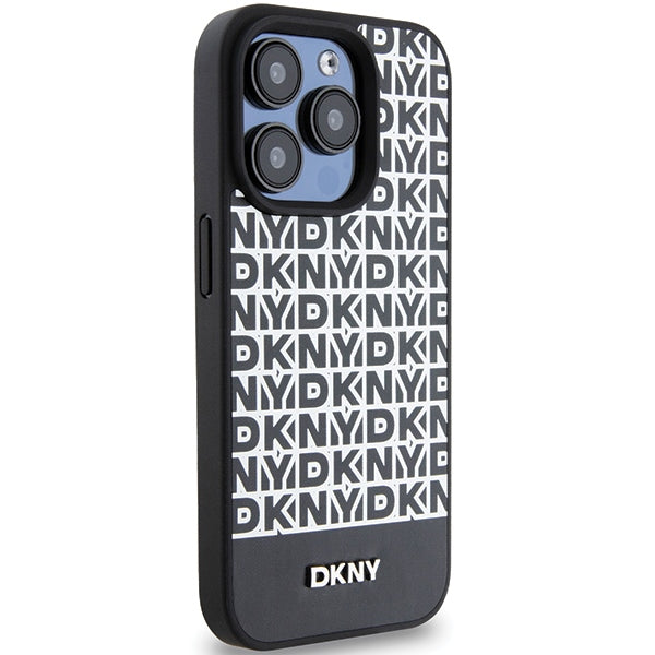 DKNY Leather Printed Pattern Metal Logo MagSafe Case for iPhone 15 Pro - Black
