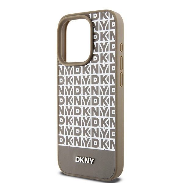DKNY Leather Printed Pattern Metal Logo MagSafe Case for iPhone 15 Pro - Brown