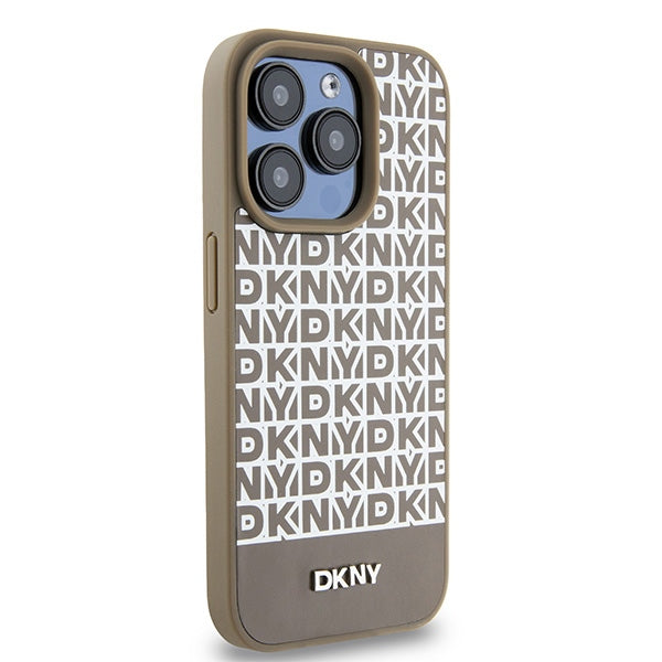 DKNY Leather Printed Pattern Metal Logo MagSafe Case for iPhone 15 Pro - Brown