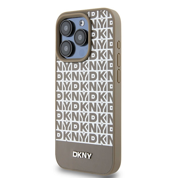 DKNY Leather Printed Pattern Metal Logo MagSafe Case for iPhone 15 Pro - Brown