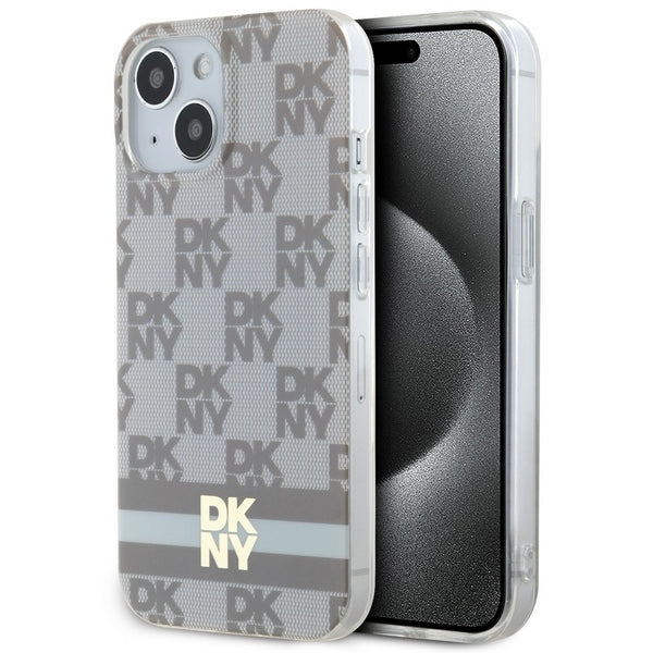 DKNY IML Checkered Mono Pattern &amp; Printed Stripes MagSafe Case for iPhone 15 Plus / 14 Plus - Beige