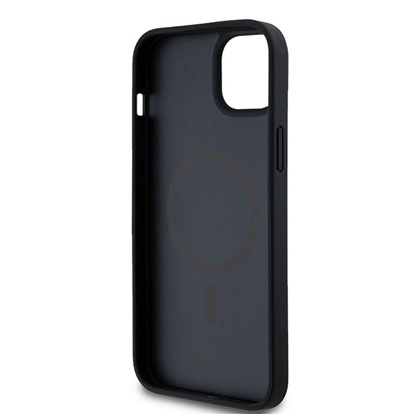 DKNY Leather Monogram Pattern Metal Logo MagSafe Case for iPhone 15 Plus / 14 Plus - Black