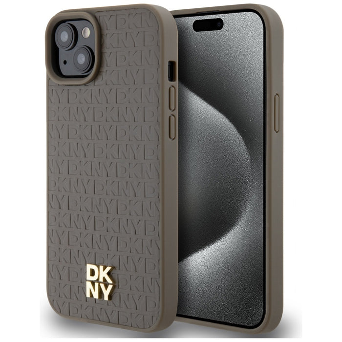 DKNY Leather Pattern Metal Logo MagSafe Case for iPhone 15 Plus / 14 Plus - Brown