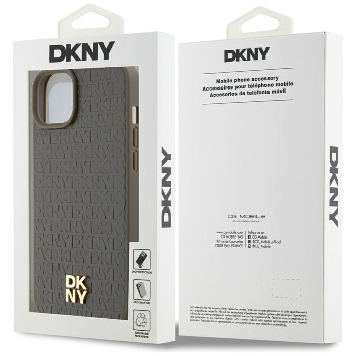 DKNY Leather Pattern Metal Logo MagSafe Case for iPhone 15 Plus / 14 Plus - Brown