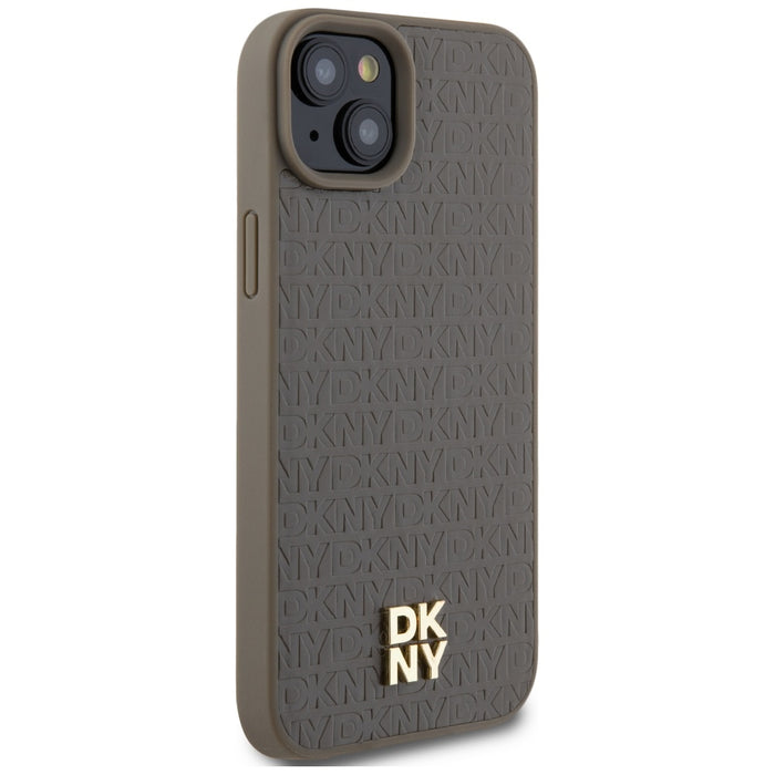 DKNY Leather Pattern Metal Logo MagSafe Case for iPhone 15 Plus / 14 Plus - Brown