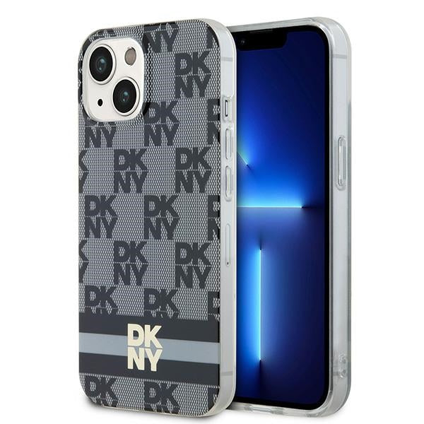 DKNY IML Checkered Mono Pattern &amp; Printed Stripes MagSafe Case for iPhone 15/14/13 - Black