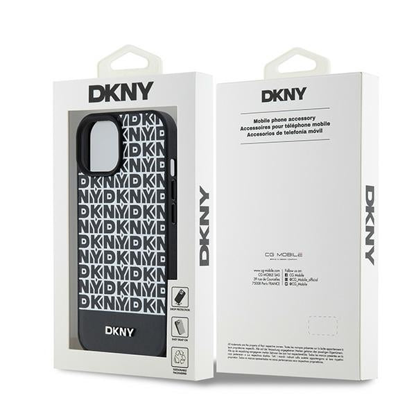 DKNY Leather Printed Pattern Metal Logo MagSafe Case for iPhone 15/14/13 - Black