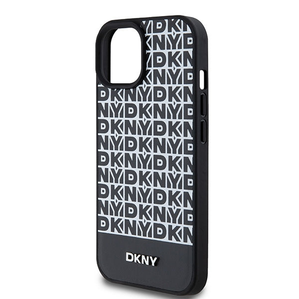 DKNY Leather Printed Pattern Metal Logo MagSafe Case for iPhone 15/14/13 - Black