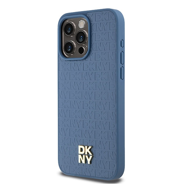 DKNY Leather Monogram Pattern Metal Logo MagSafe Case for iPhone 15 Pro Max - Blue