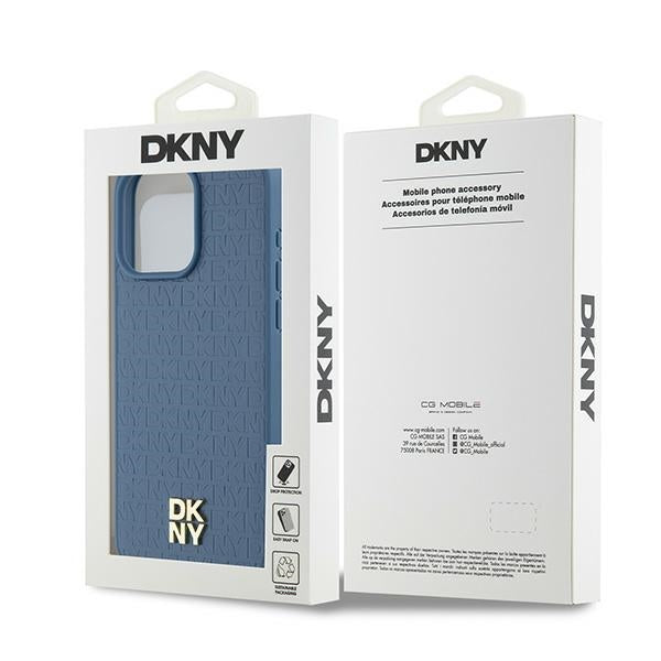 DKNY Leather Monogram Pattern Metal Logo MagSafe Case for iPhone 15 Pro Max - Blue