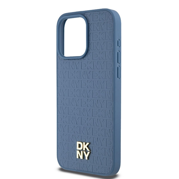 DKNY Leather Monogram Pattern Metal Logo MagSafe Case for iPhone 15 Pro Max - Blue