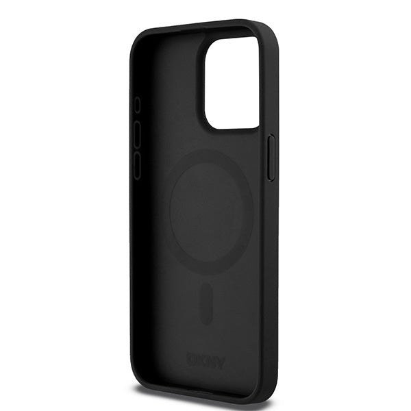 DKNY Leather Monogram Pattern Metal Logo MagSafe Case for iPhone 15 Pro Max - Black