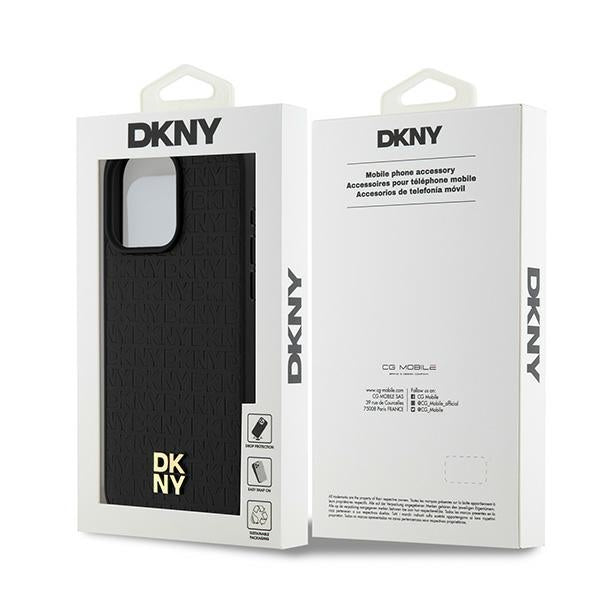 DKNY Leather Monogram Pattern Metal Logo MagSafe Case for iPhone 15 Pro Max - Black